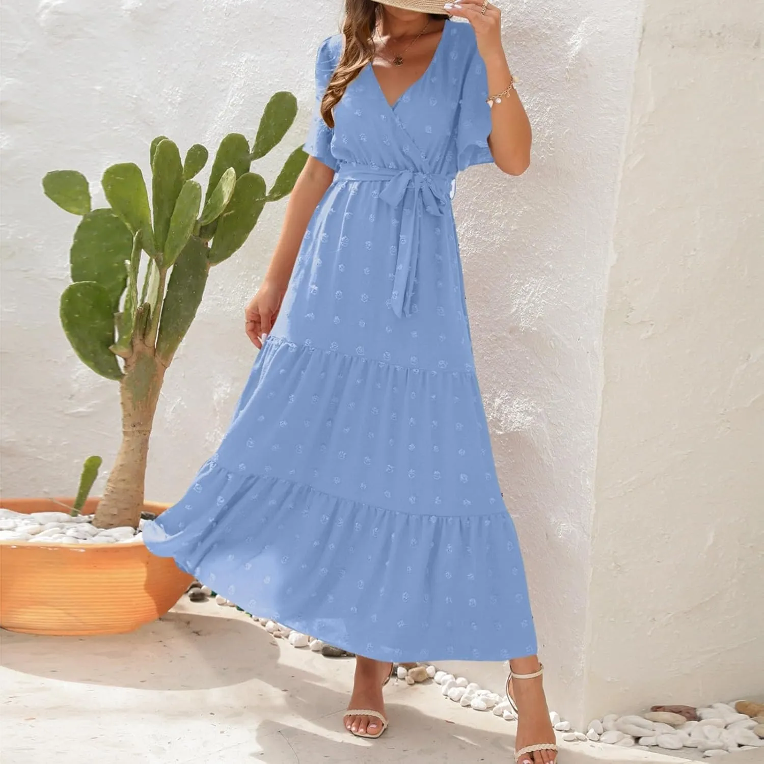 Plus Size Dresses for Curvy Women 2025 Ruffle V Neck Short Sleeve Smocked Dress Long Travel Swiss Dot Dress with Belt