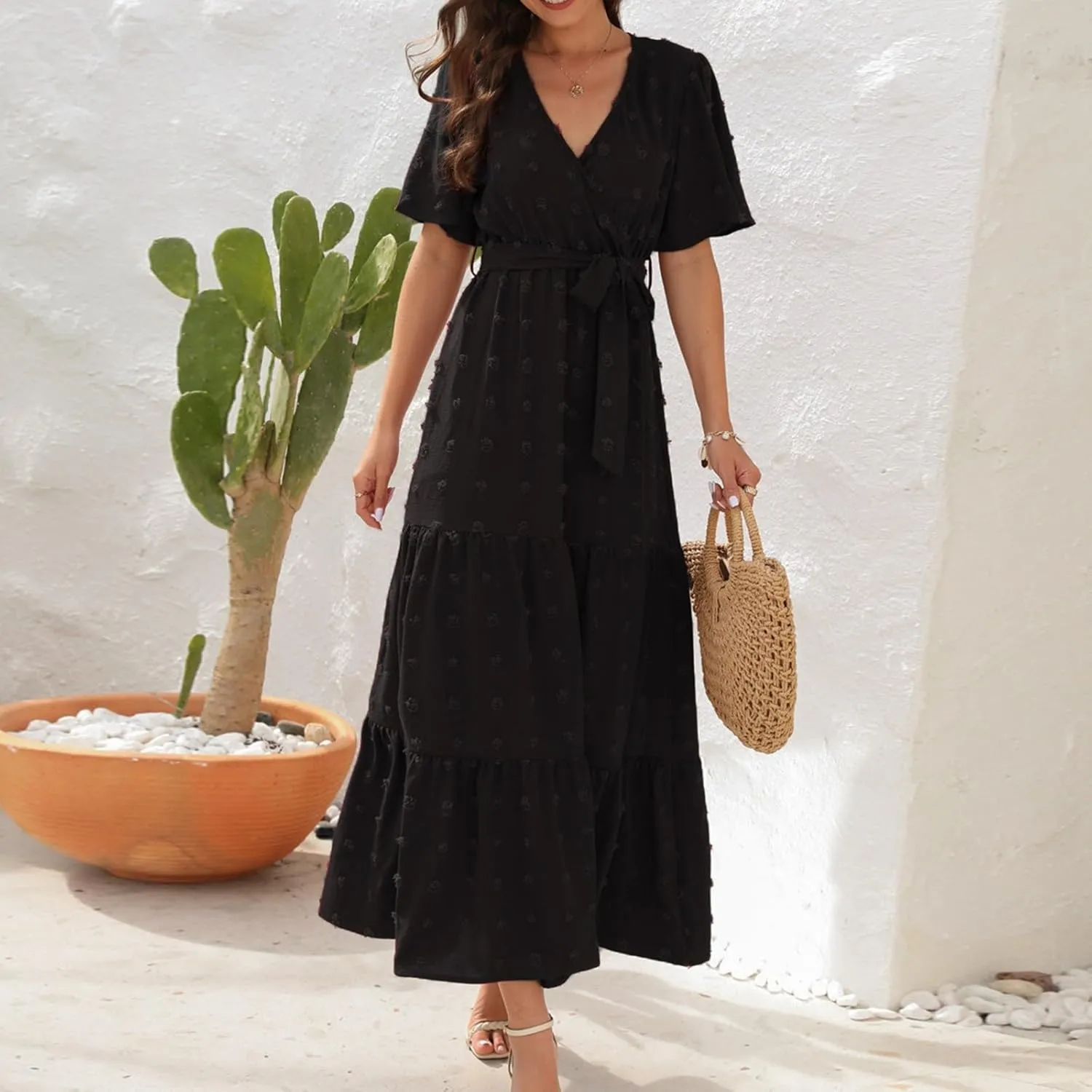 Plus Size Dresses for Curvy Women 2025 Ruffle V Neck Short Sleeve Smocked Dress Long Travel Swiss Dot Dress with Belt