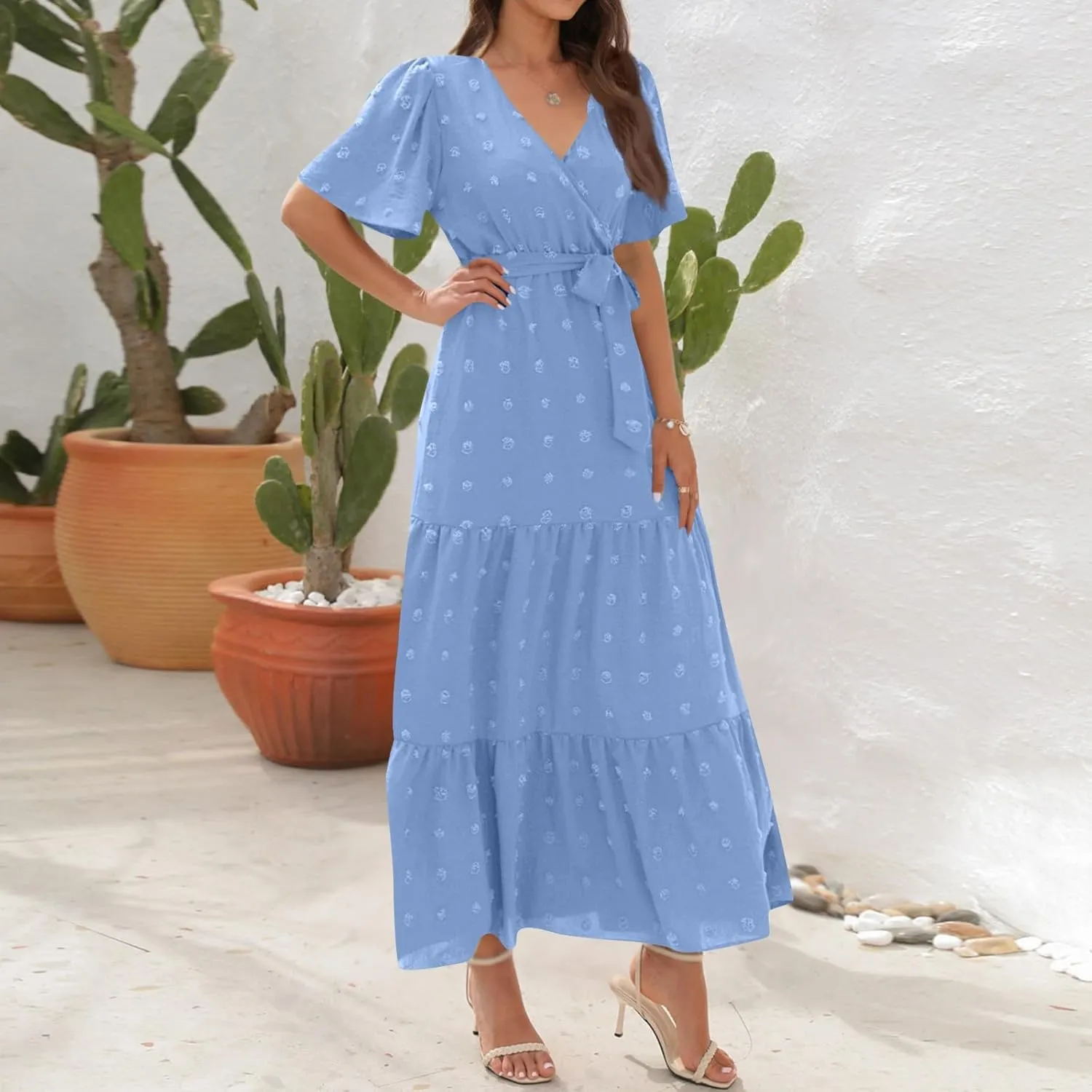 Plus Size Dresses for Curvy Women 2025 Ruffle V Neck Short Sleeve Smocked Dress Long Travel Swiss Dot Dress with Belt