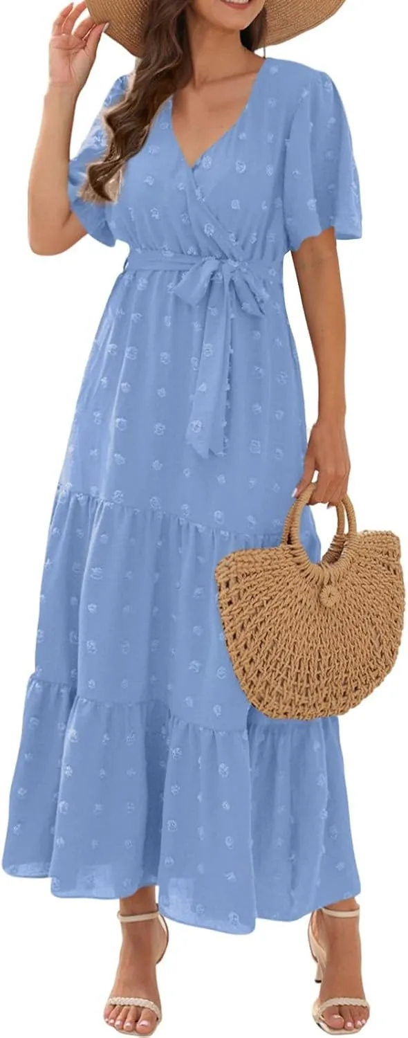 Plus Size Dresses for Curvy Women 2025 Ruffle V Neck Short Sleeve Smocked Dress Long Travel Swiss Dot Dress with Belt
