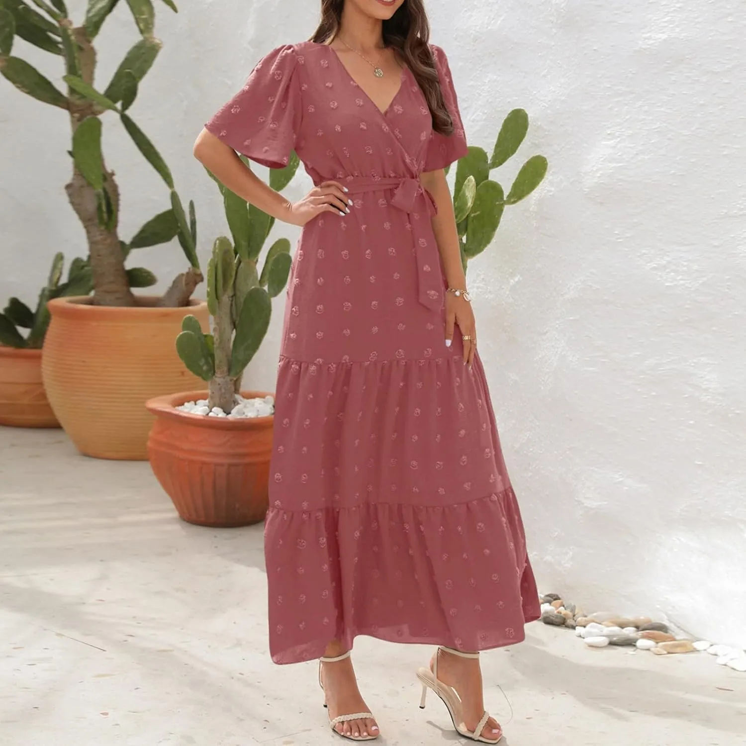 Plus Size Dresses for Curvy Women 2025 Ruffle V Neck Short Sleeve Smocked Dress Long Travel Swiss Dot Dress with Belt