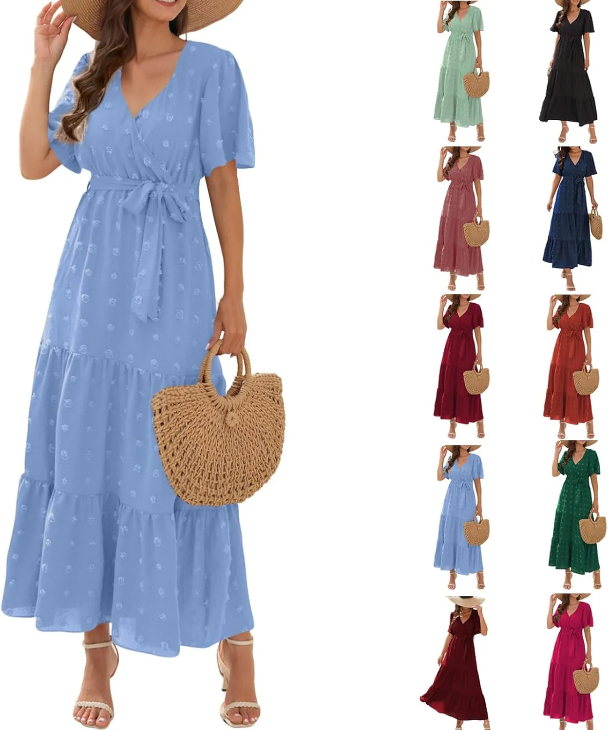 Plus Size Dresses for Curvy Women 2025 Ruffle V Neck Short Sleeve Smocked Dress Long Travel Swiss Dot Dress with Belt