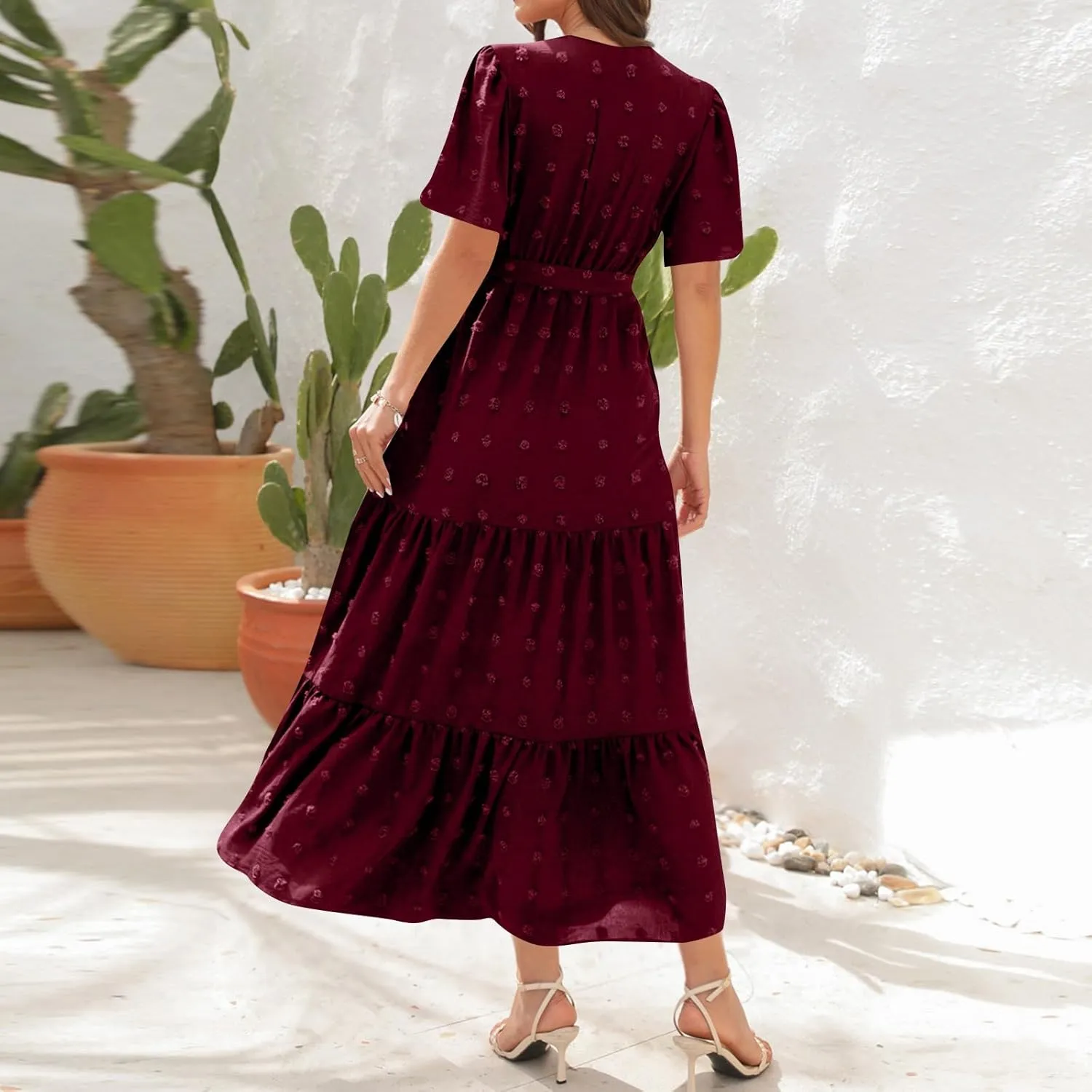 Plus Size Dresses for Curvy Women 2025 Ruffle V Neck Short Sleeve Smocked Dress Long Travel Swiss Dot Dress with Belt