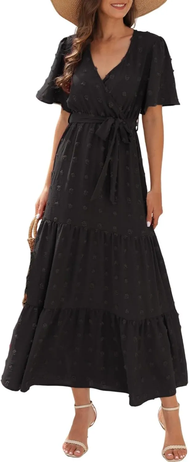 Plus Size Dresses for Curvy Women 2025 Ruffle V Neck Short Sleeve Smocked Dress Long Travel Swiss Dot Dress with Belt