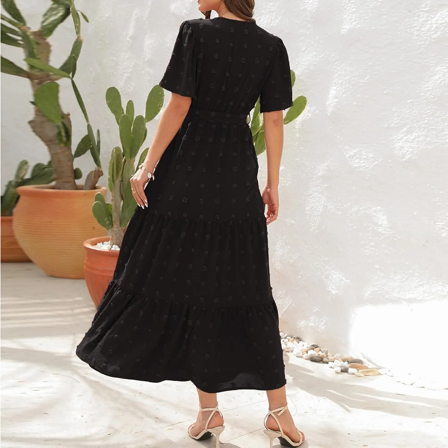 Plus Size Dresses for Curvy Women 2025 Ruffle V Neck Short Sleeve Smocked Dress Long Travel Swiss Dot Dress with Belt