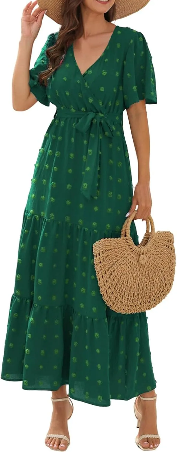 Plus Size Dresses for Curvy Women 2025 Ruffle V Neck Short Sleeve Smocked Dress Long Travel Swiss Dot Dress with Belt