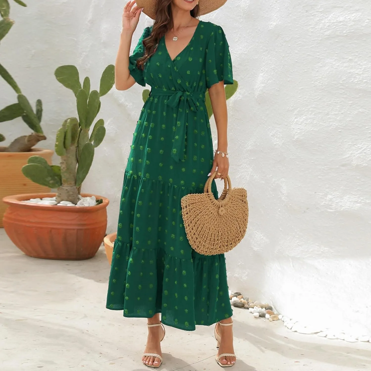 Plus Size Dresses for Curvy Women 2025 Ruffle V Neck Short Sleeve Smocked Dress Long Travel Swiss Dot Dress with Belt