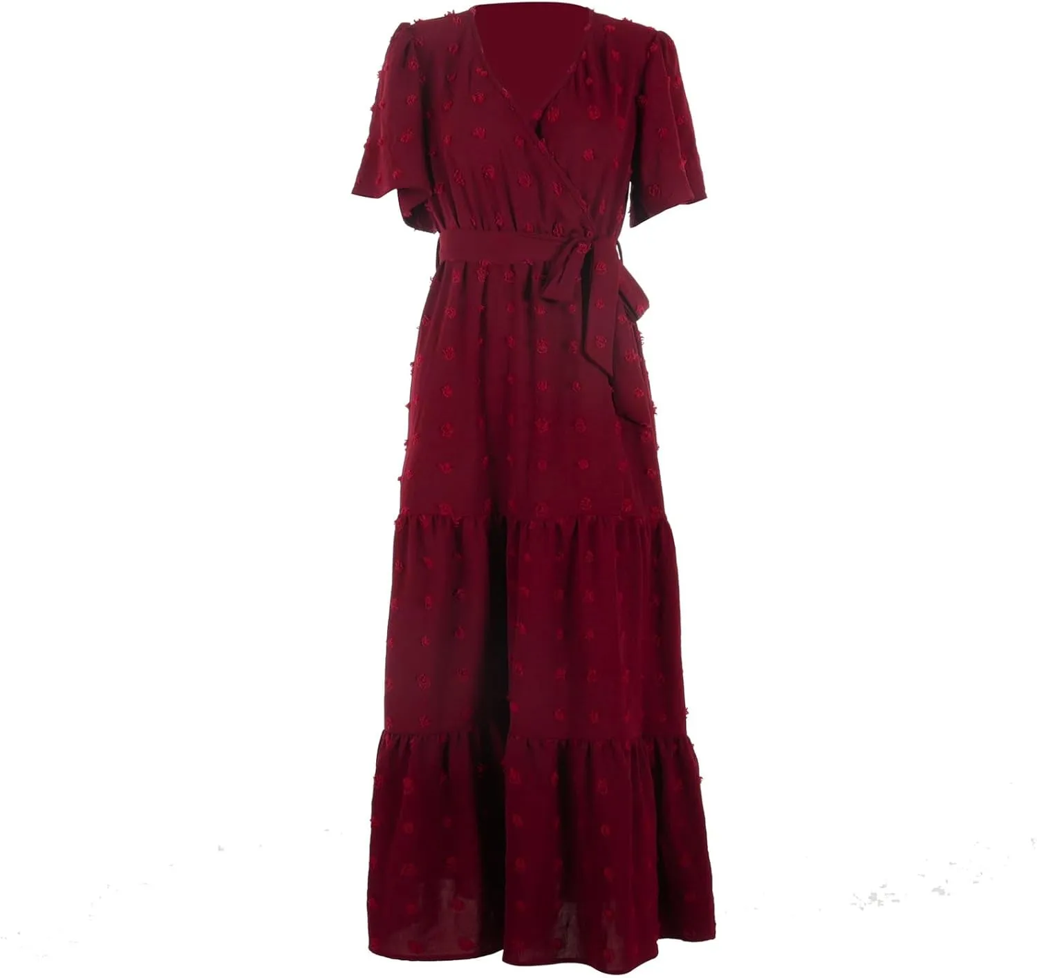 Plus Size Dresses for Curvy Women 2025 Ruffle V Neck Short Sleeve Smocked Dress Long Travel Swiss Dot Dress with Belt