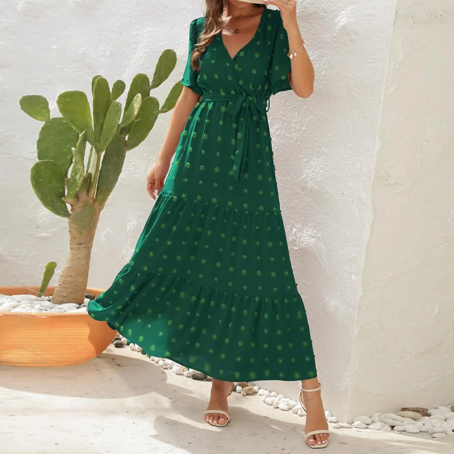 Plus Size Dresses for Curvy Women 2025 Ruffle V Neck Short Sleeve Smocked Dress Long Travel Swiss Dot Dress with Belt