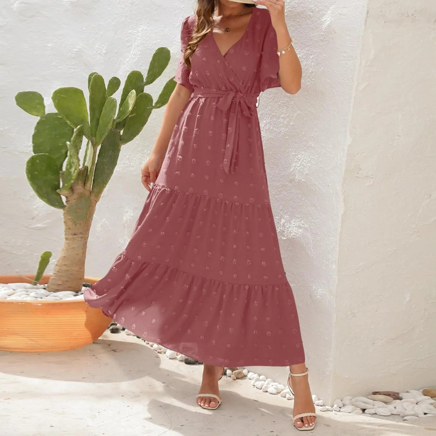 Plus Size Dresses for Curvy Women 2025 Ruffle V Neck Short Sleeve Smocked Dress Long Travel Swiss Dot Dress with Belt