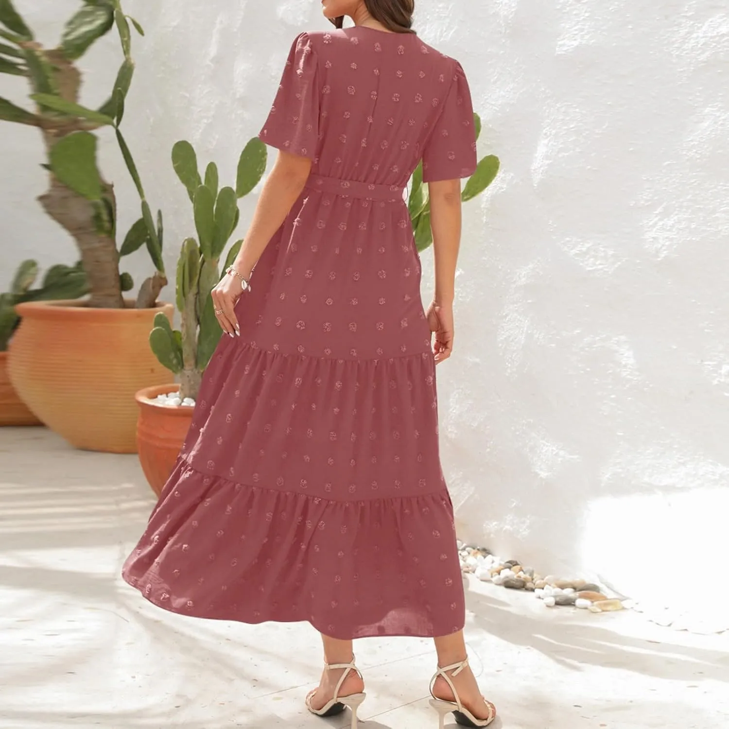 Plus Size Dresses for Curvy Women 2025 Ruffle V Neck Short Sleeve Smocked Dress Long Travel Swiss Dot Dress with Belt
