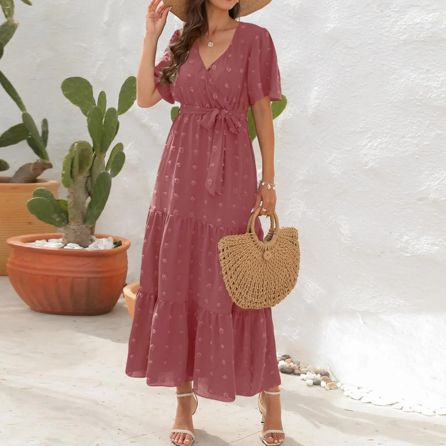 Plus Size Dresses for Curvy Women 2025 Ruffle V Neck Short Sleeve Smocked Dress Long Travel Swiss Dot Dress with Belt