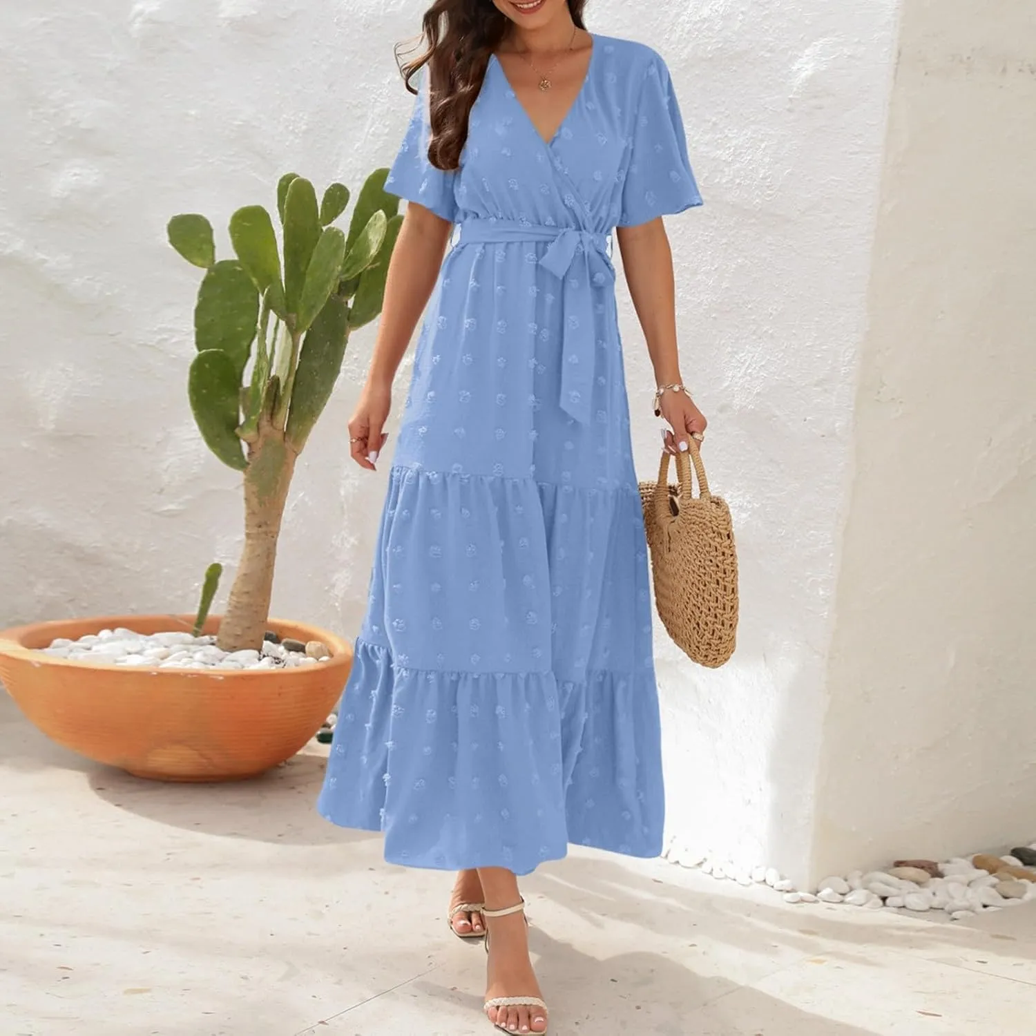Plus Size Dresses for Curvy Women 2025 Ruffle V Neck Short Sleeve Smocked Dress Long Travel Swiss Dot Dress with Belt