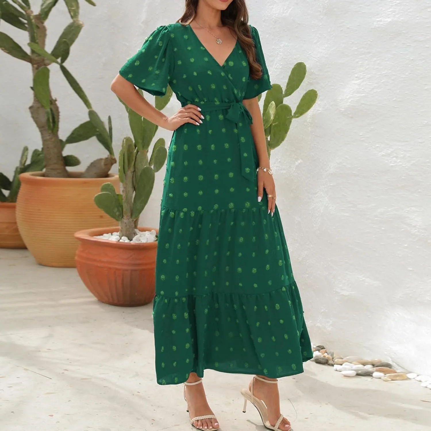 Plus Size Dresses for Curvy Women 2025 Ruffle V Neck Short Sleeve Smocked Dress Long Travel Swiss Dot Dress with Belt