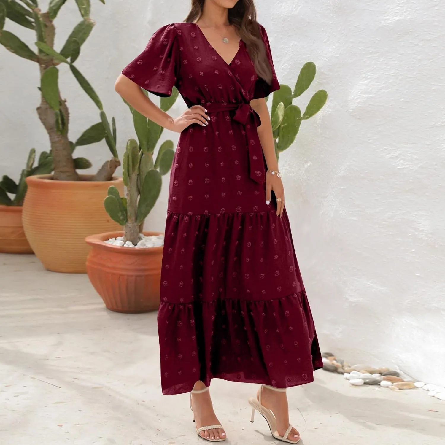 Plus Size Dresses for Curvy Women 2025 Ruffle V Neck Short Sleeve Smocked Dress Long Travel Swiss Dot Dress with Belt