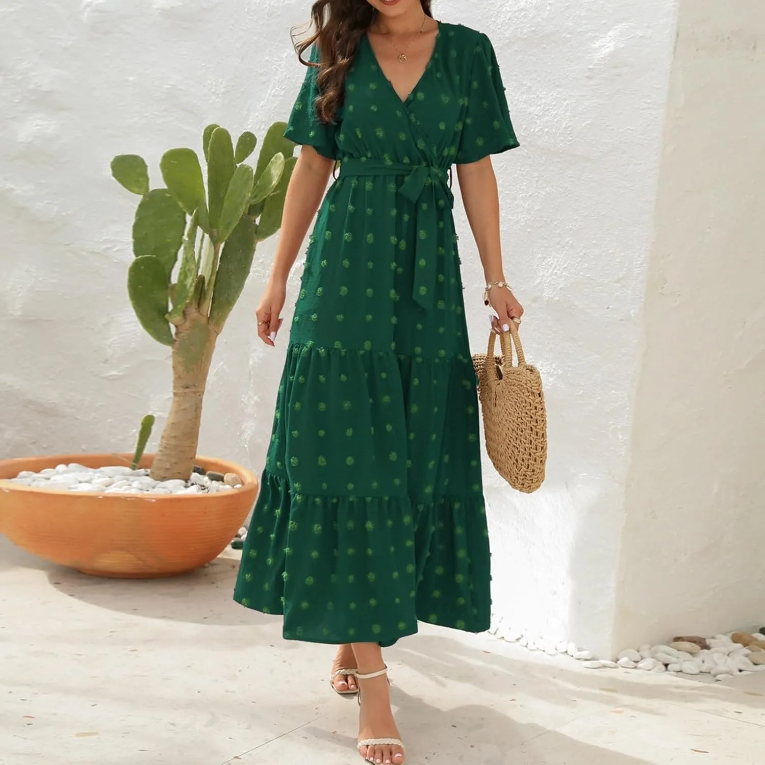 Plus Size Dresses for Curvy Women 2025 Ruffle V Neck Short Sleeve Smocked Dress Long Travel Swiss Dot Dress with Belt