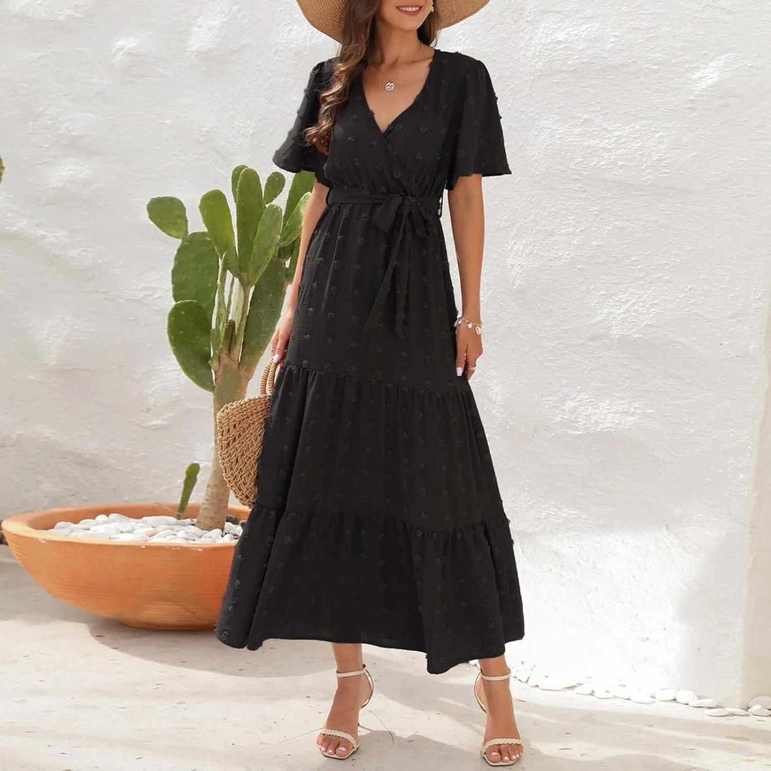 Plus Size Dresses for Curvy Women 2025 Ruffle V Neck Short Sleeve Smocked Dress Long Travel Swiss Dot Dress with Belt