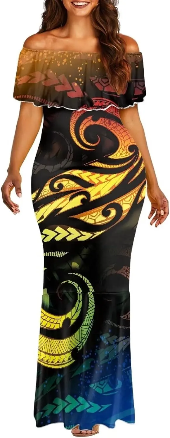 Polynesian Dresses for Women Off Shoulder Maxi Dress Puletasi Samoan Dresses S-7XL