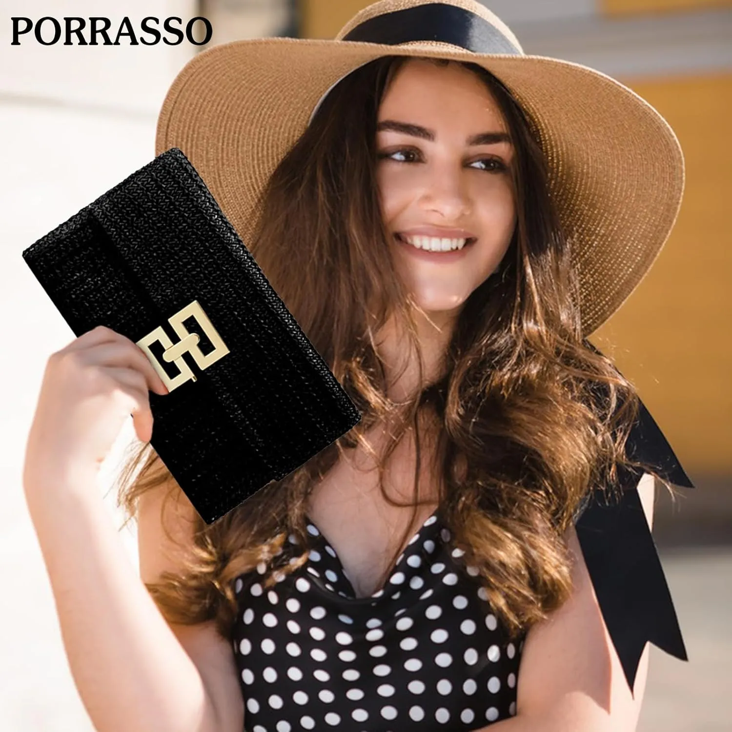PORRASSO Straw Clutch Purse Women Beach Bag Woven Envelope Bag Straw Evening Clutch