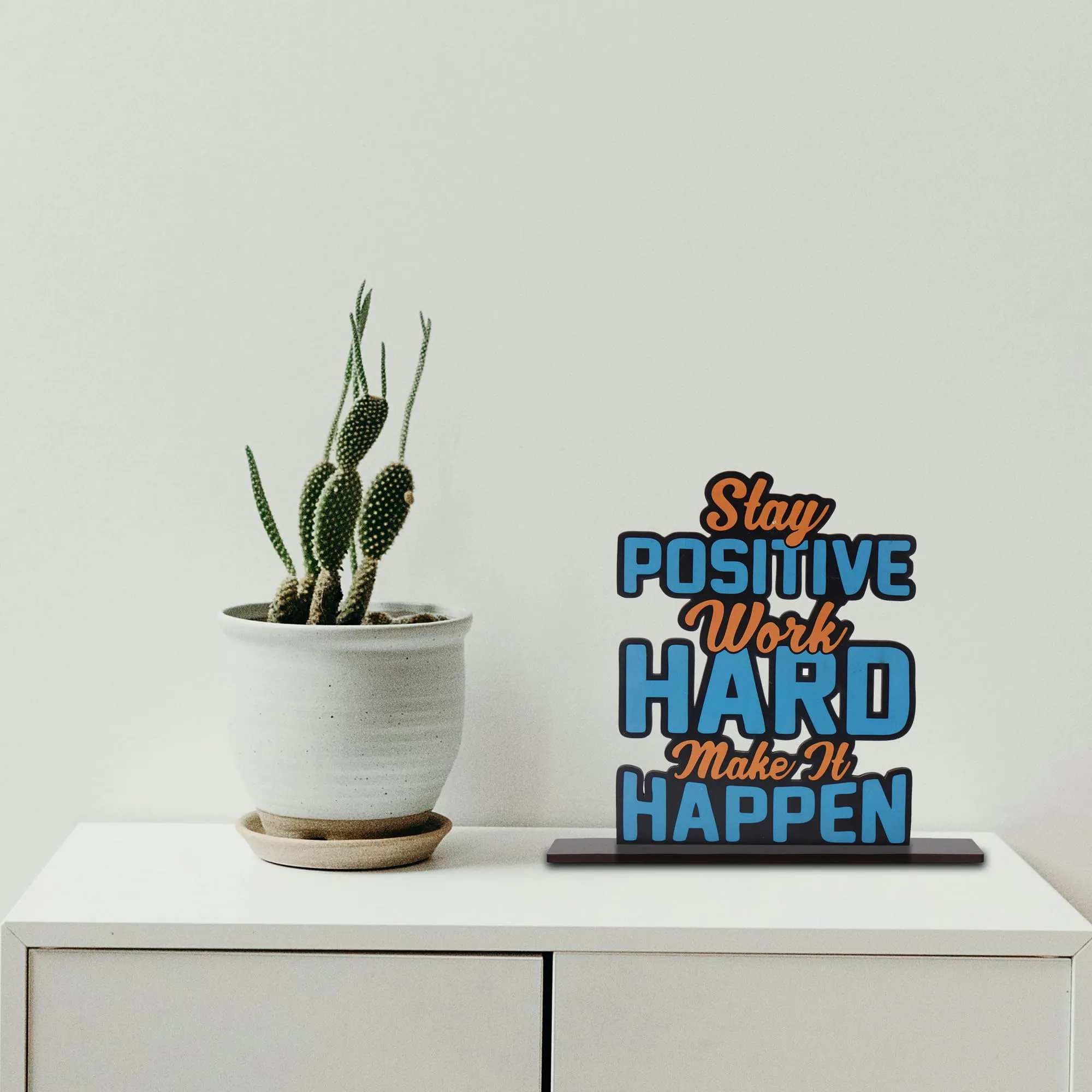 Positive Vibe Lifestyle Wooden Idols and Figurine Stay Positive Work Hard Motivational Quote Table Decoration for Office Desk Home Decor Item Living Room Modern Art Wood Showpiece Gift Table Top