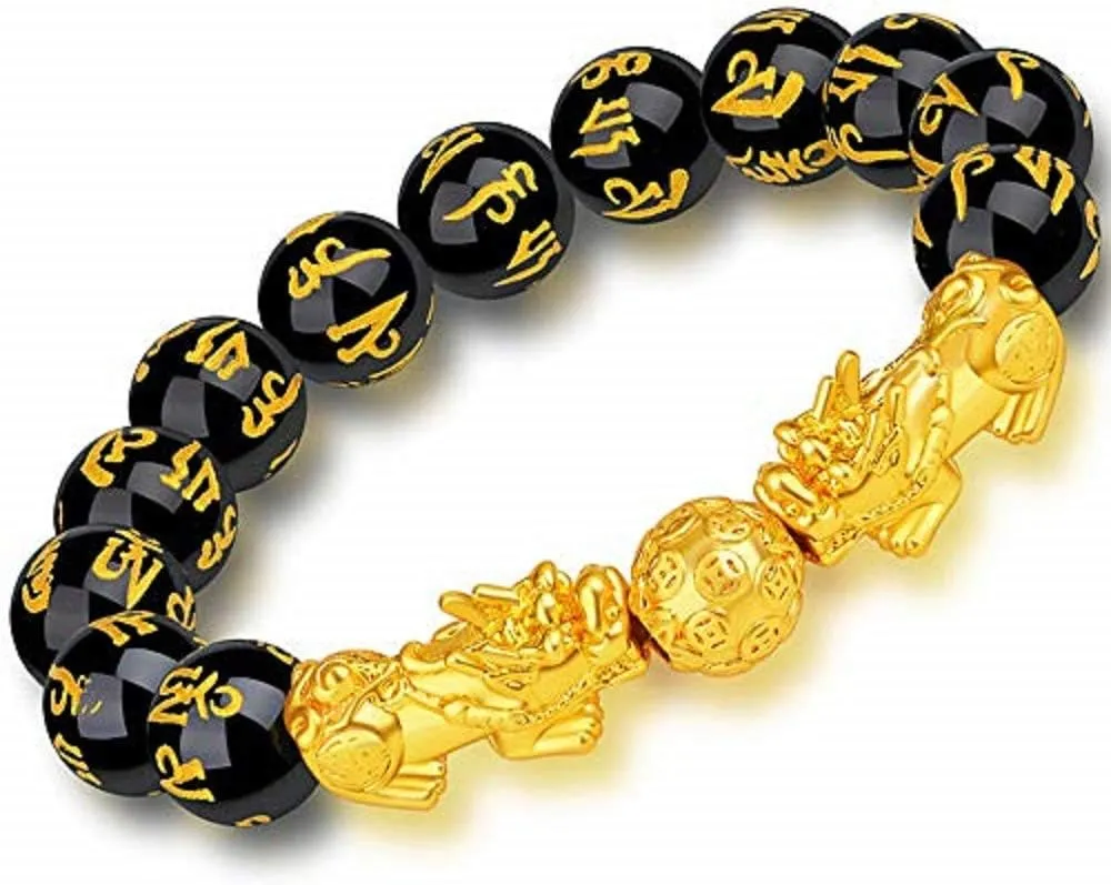 Premium Feng Shui Black Obsidian Pixiu|Om mani Bracelet Wealth Good Luck Dragon with Double Gold Plated Pi Xiu/Pi Yao Attract Luck and Wealth. (12 Beads)