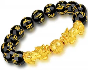 Premium Feng Shui Black Obsidian Pixiu|Om mani Bracelet Wealth Good Luck Dragon with Double Gold Plated Pi Xiu/Pi Yao Attract Luck and Wealth. (12 Beads)