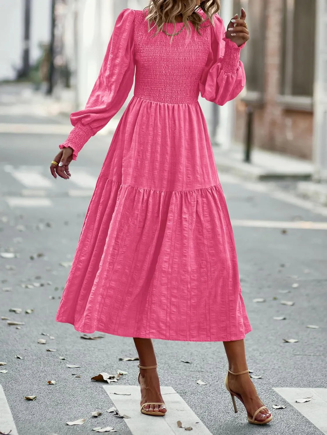 PRETTYGARDEN Women 2025 Spring Puff Long Sleeve Crewneck Smocked Maxi Dress Empire Waist Tiered A-line Swing Flowy Long Dress