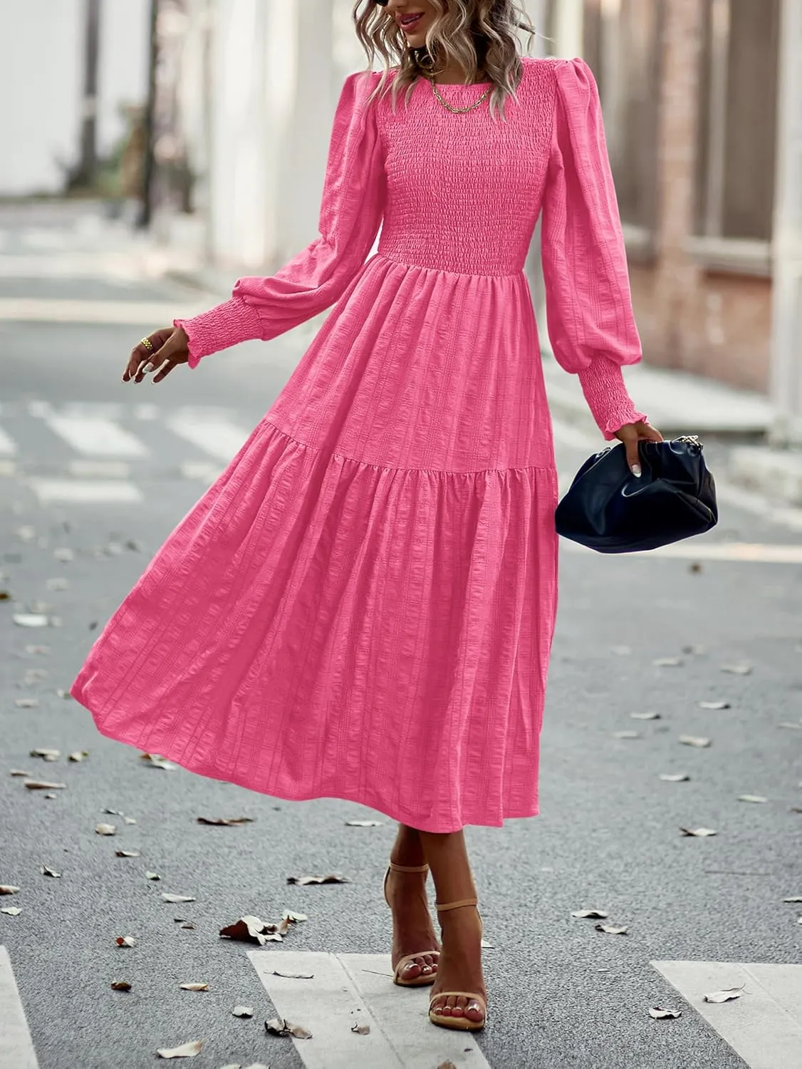 PRETTYGARDEN Women 2025 Spring Puff Long Sleeve Crewneck Smocked Maxi Dress Empire Waist Tiered A-line Swing Flowy Long Dress