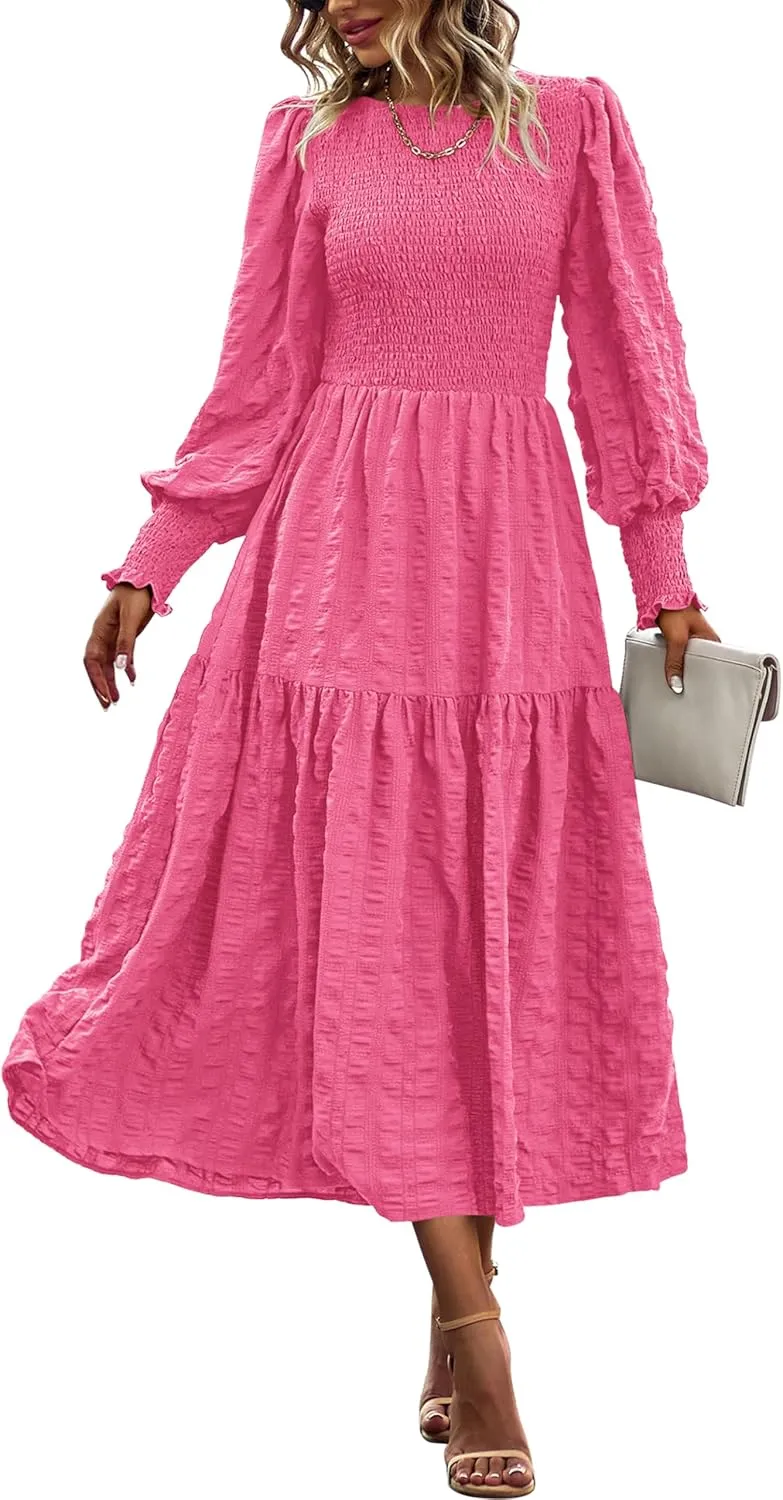 PRETTYGARDEN Women 2025 Spring Puff Long Sleeve Crewneck Smocked Maxi Dress Empire Waist Tiered A-line Swing Flowy Long Dress