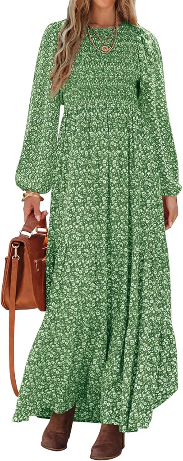 PRETTYGARDEN Women's Spring Dresses 2025 Long Sleeve Flowy Casual Floral Maxi Dress Crew Neck Smocked Tiered Long Dress