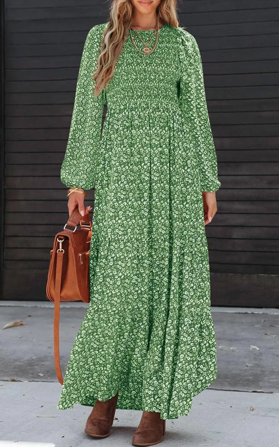 PRETTYGARDEN Women's Spring Dresses 2025 Long Sleeve Flowy Casual Floral Maxi Dress Crew Neck Smocked Tiered Long Dress