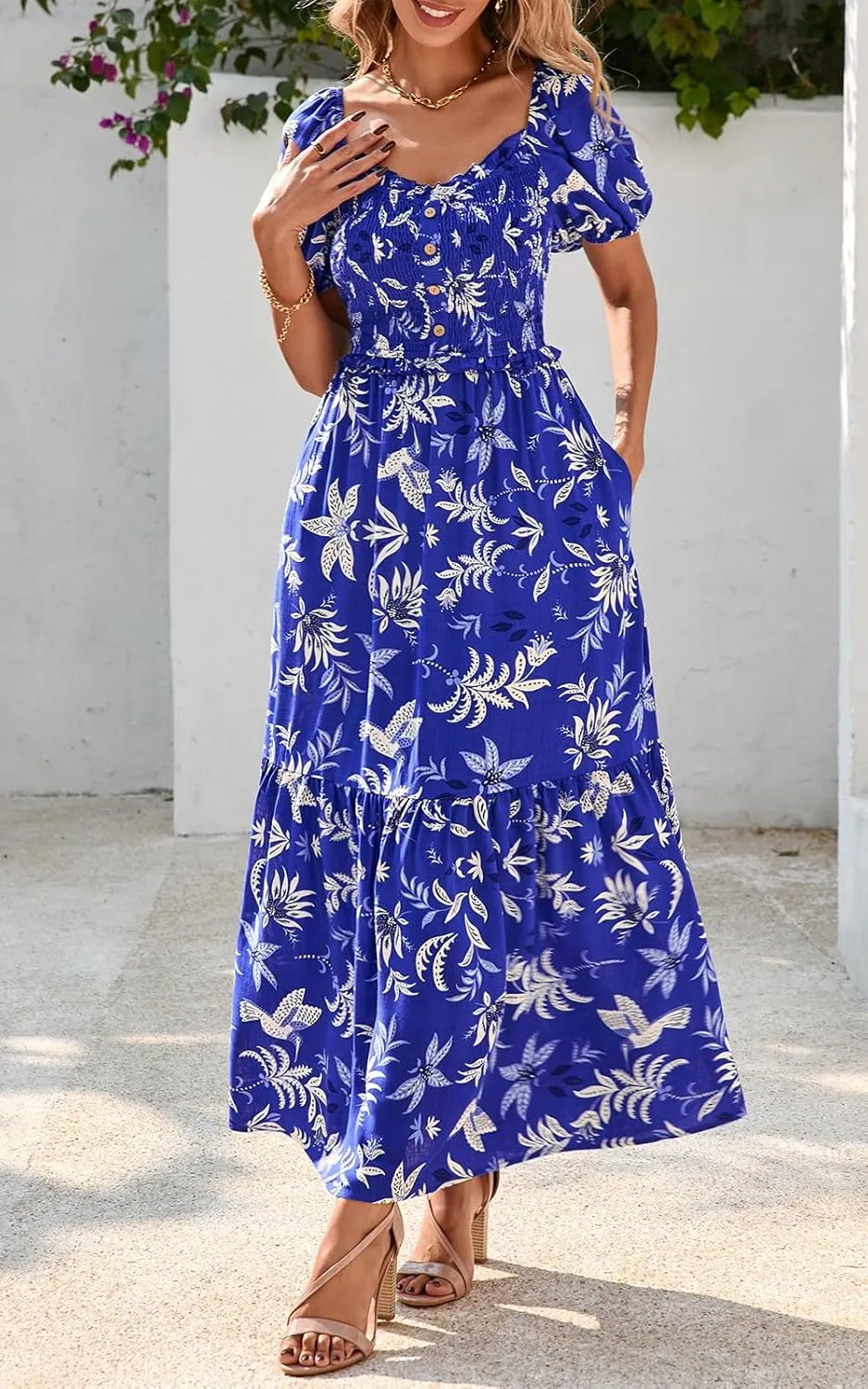 PRETTYGARDEN Womens Summer Dresses 2025 Casual Boho Floral Puff Short Sleeve Flowy Maxi Dress Smocked V Neck Sun Dresses