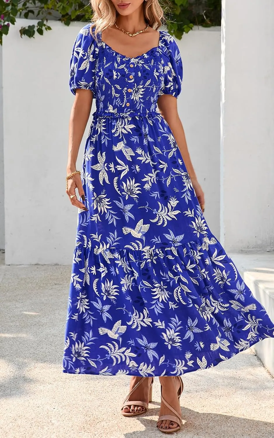 PRETTYGARDEN Womens Summer Dresses 2025 Casual Boho Floral Puff Short Sleeve Flowy Maxi Dress Smocked V Neck Sun Dresses
