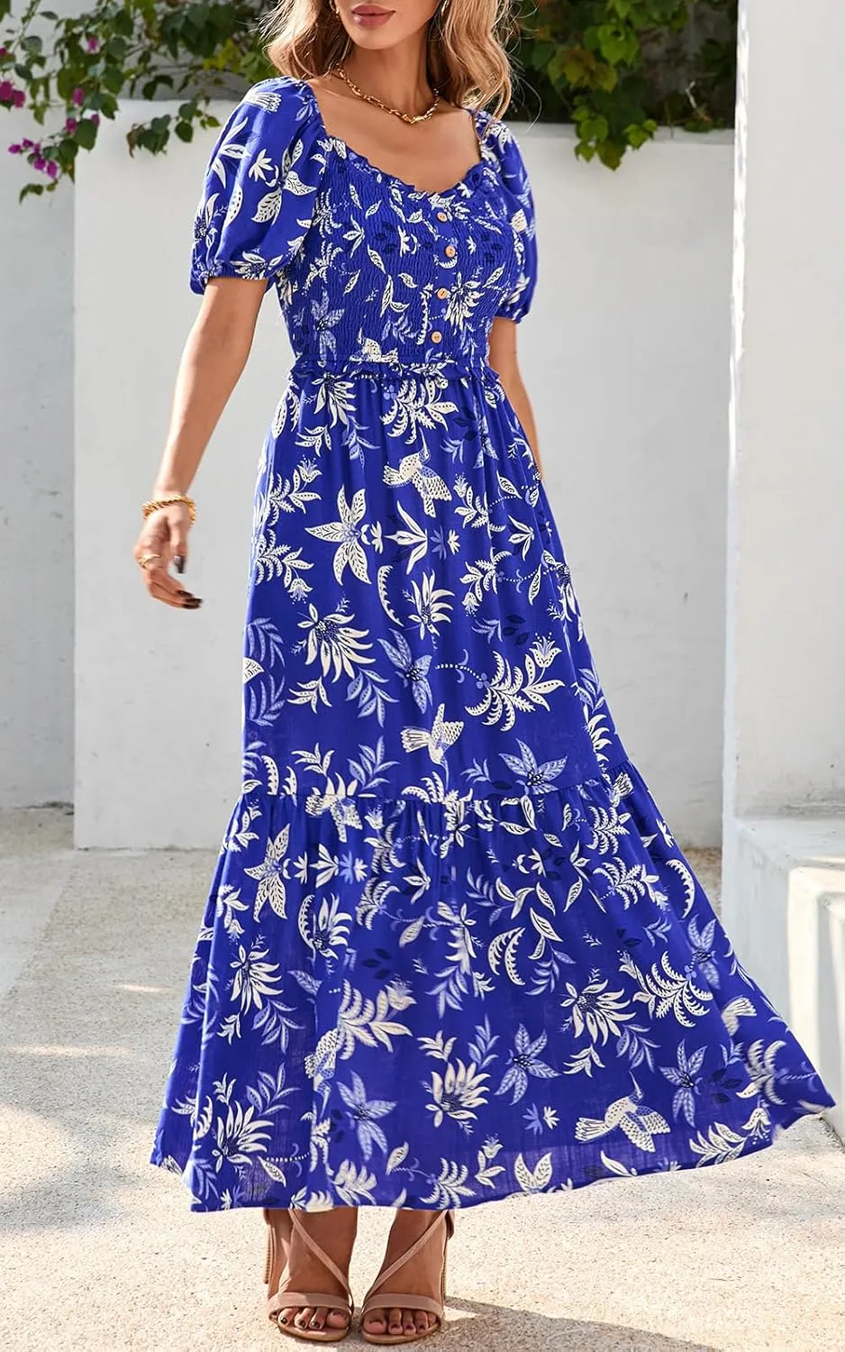 PRETTYGARDEN Womens Summer Dresses 2025 Casual Boho Floral Puff Short Sleeve Flowy Maxi Dress Smocked V Neck Sun Dresses