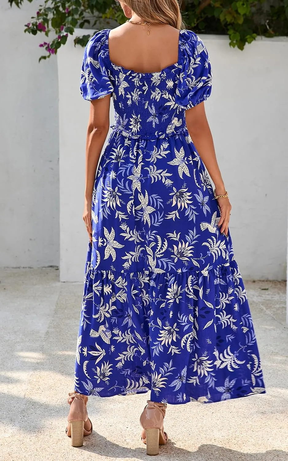 PRETTYGARDEN Womens Summer Dresses 2025 Casual Boho Floral Puff Short Sleeve Flowy Maxi Dress Smocked V Neck Sun Dresses