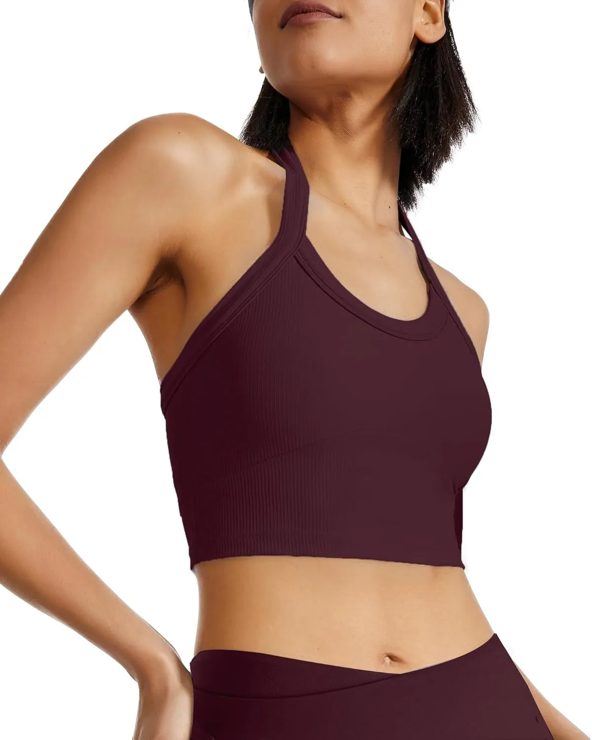 QUOJIZY Halter Sports Bra Longline Open Back Workout Top Ribbed Crop Tank Tops with Built in Bra Gym Yoga Push Up