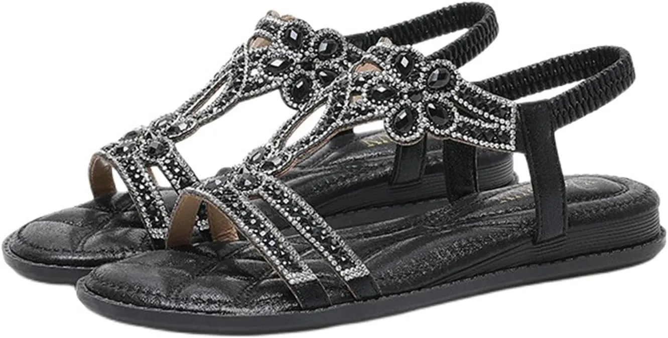 Rhinestone Sandals for Women T-Strap Bohemian Pearl Crystal Flat Sandals, Ankle Strap Comfort Walking Shoes Slip on Casual Summer Beach Dress Shoes