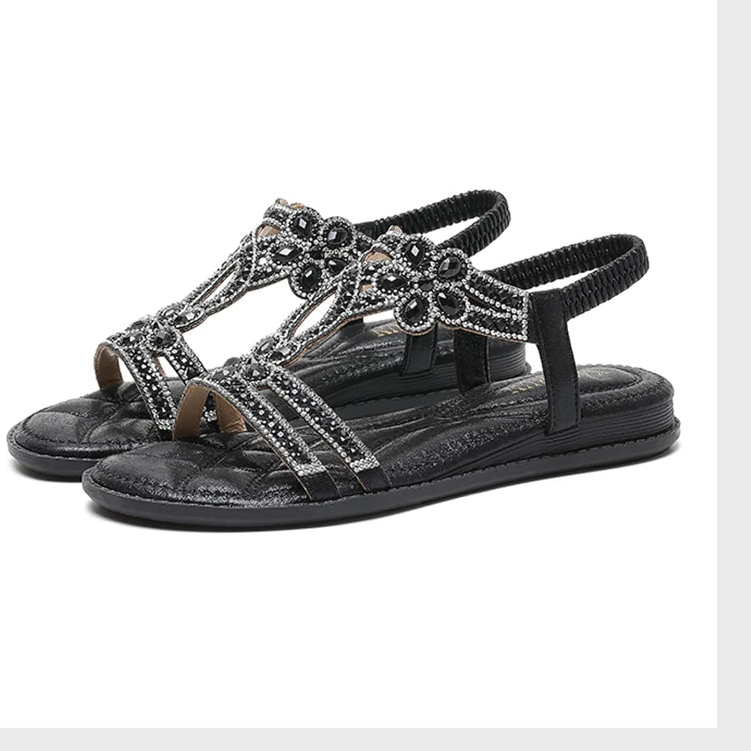 Rhinestone Sandals for Women T-Strap Bohemian Pearl Crystal Flat Sandals, Ankle Strap Comfort Walking Shoes Slip on Casual Summer Beach Dress Shoes