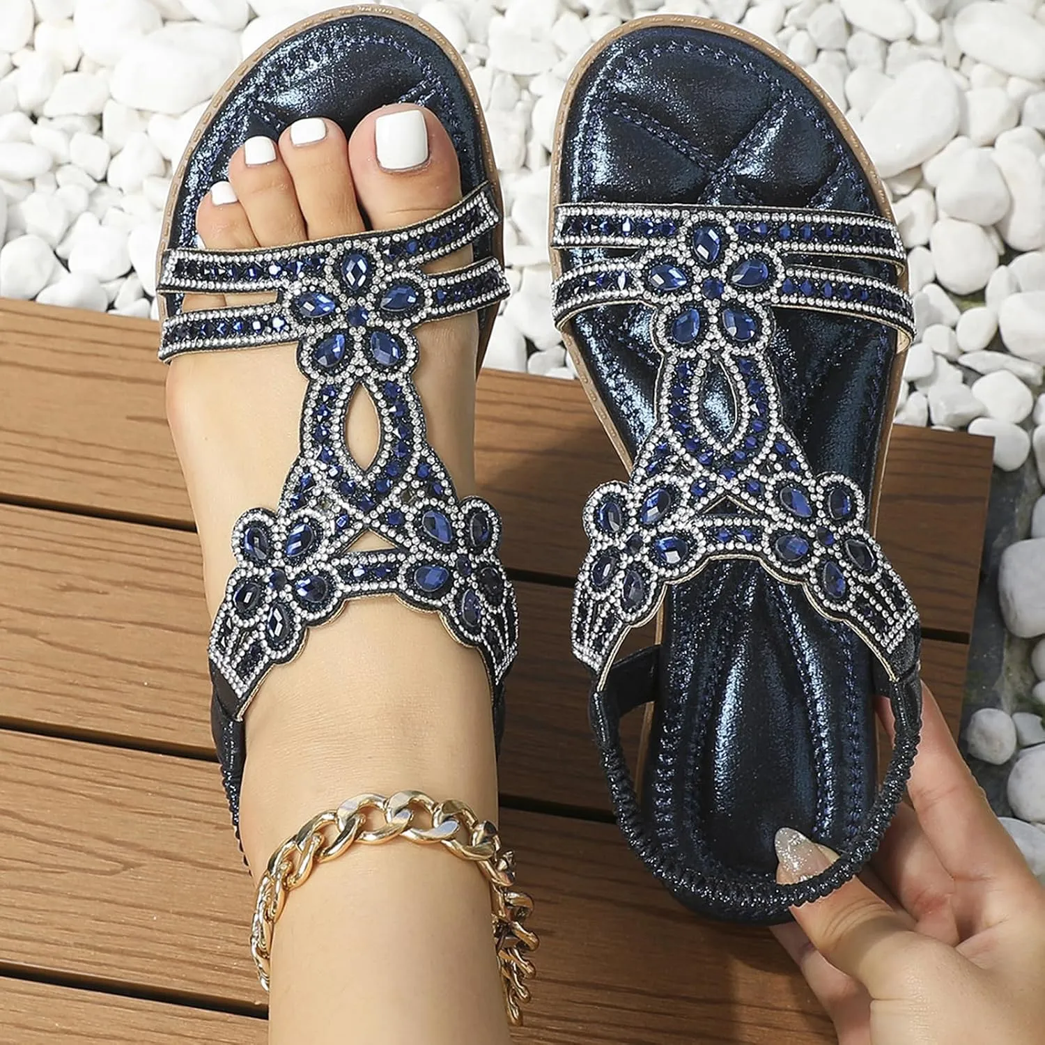 Rhinestone Sandals for Women T-Strap Bohemian Pearl Crystal Flat Sandals, Ankle Strap Comfort Walking Shoes Slip on Casual Summer Beach Dress Shoes