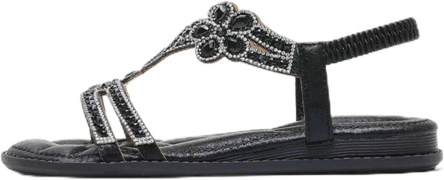 Rhinestone Sandals for Women T-Strap Bohemian Pearl Crystal Flat Sandals, Ankle Strap Comfort Walking Shoes Slip on Casual Summer Beach Dress Shoes