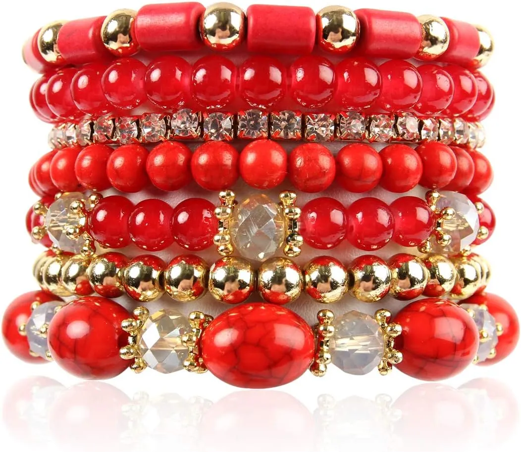 RIAH FASHION Multi Layer Bead Bracelet - Colorful Stacking Beaded Strand Stretch Cuff Statement Bangles Set