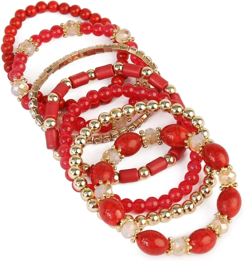 RIAH FASHION Multi Layer Bead Bracelet - Colorful Stacking Beaded Strand Stretch Cuff Statement Bangles Set