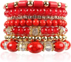 RIAH FASHION Multi Layer Bead Bracelet - Colorful Stacking Beaded Strand Stretch Cuff Statement Bangles Set