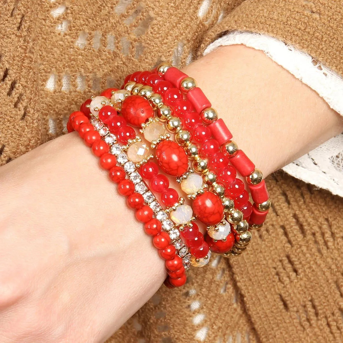 RIAH FASHION Multi Layer Bead Bracelet - Colorful Stacking Beaded Strand Stretch Cuff Statement Bangles Set