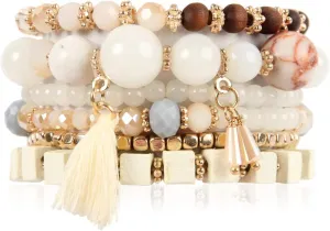 RIAH FASHION Multi Layer Versatile Statement Bracelets - Stackable Beaded Strand Stretch Bangles Sparkly Crystal, Wood Bead, Tassel Charm Pendant