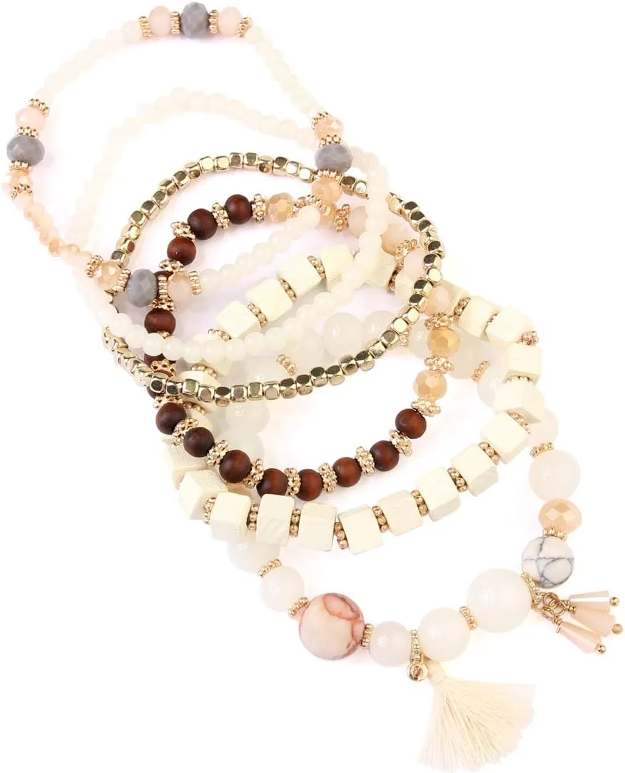 RIAH FASHION Multi Layer Versatile Statement Bracelets - Stackable Beaded Strand Stretch Bangles Sparkly Crystal, Wood Bead, Tassel Charm Pendant