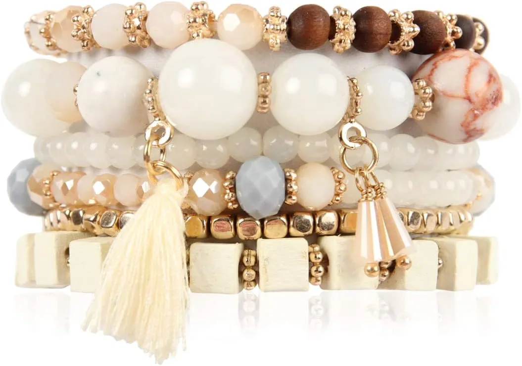 RIAH FASHION Multi Layer Versatile Statement Bracelets - Stackable Beaded Strand Stretch Bangles Sparkly Crystal, Wood Bead, Tassel Charm Pendant