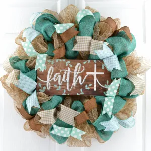 Rustic Door Wreath | Faith Cross Mesh Wreath | Blue Turquoise Burlap