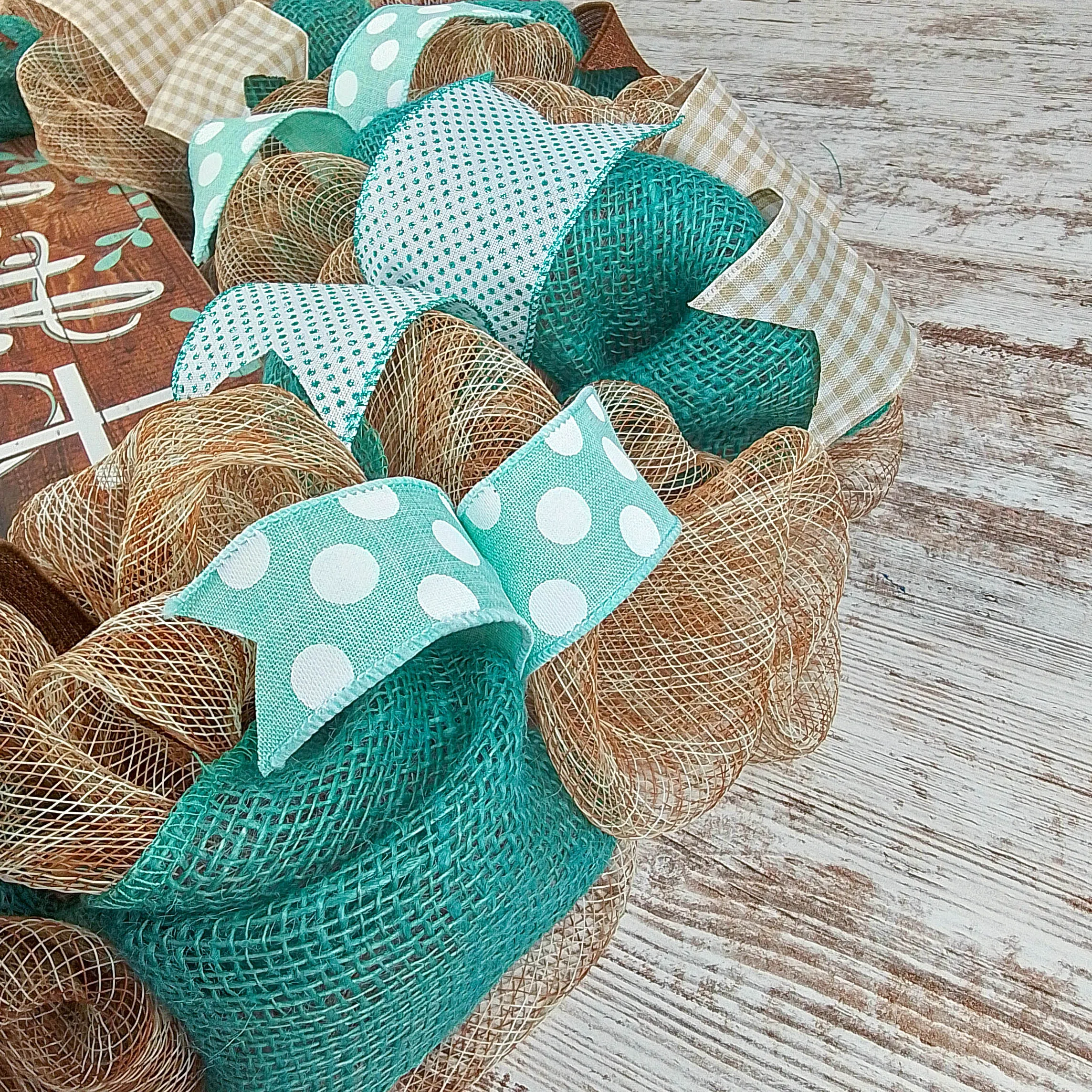 Rustic Door Wreath | Faith Cross Mesh Wreath | Blue Turquoise Burlap