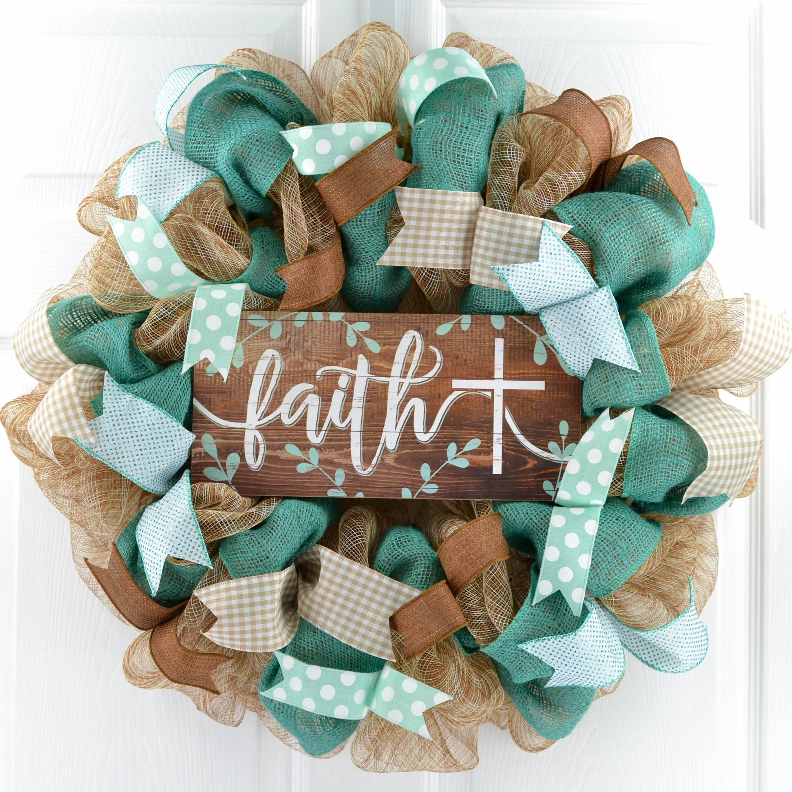 Rustic Door Wreath | Faith Cross Mesh Wreath | Blue Turquoise Burlap
